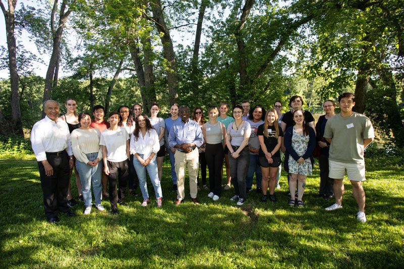 Participants in the 2024 Veterinary Research Scholars Summer Program gathered for a group photo at the kick-off cookout May 30 at historic Fort Ouiatenon on the banks of the Wabash River.