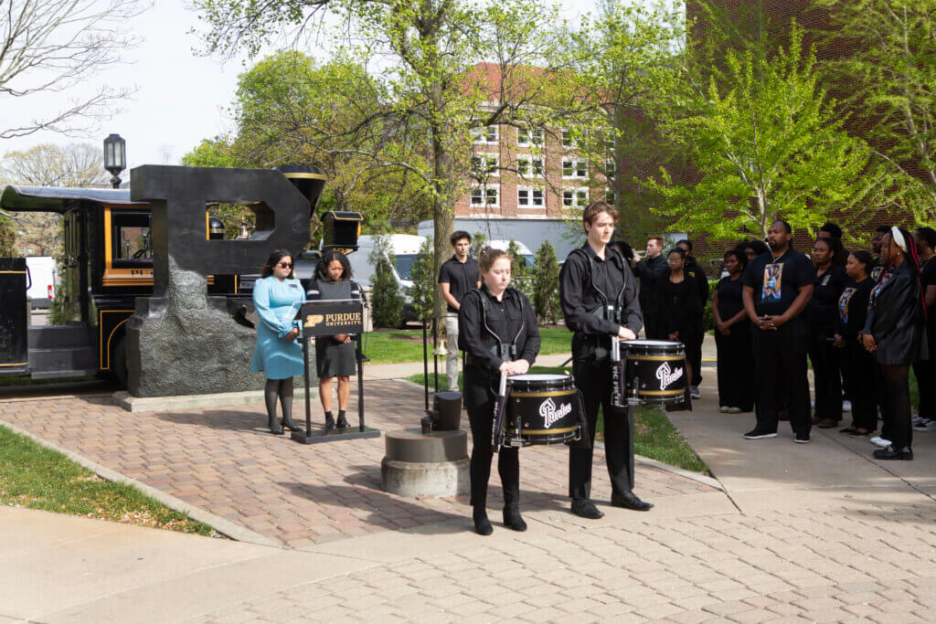After gathering in the Purdue Memorial Union, attendees processed to Academy Park for the official Golden Taps ceremony that took place in front of the Unfinished Block P sculpture, where the sounds of drums, singing and the playing of Echo Taps engendered remembrance and reflection.