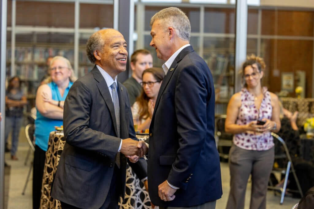 Guests who attended Dean Willie Reed’s reception in Lynn Hall June 27 included former dean of Purdue Agriculture and Purdue Provost Emeritus Jay Akridge, who congratulated Dean Reed as a friend and colleague.