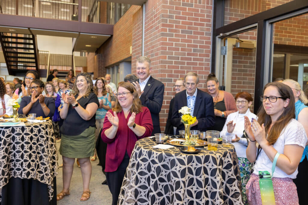 Faculty, staff, students and Purdue colleagues from across campus gathered in the Veterinary Medical Library to applaud Dean Willie Reed at the June 27 reception held in his honor.