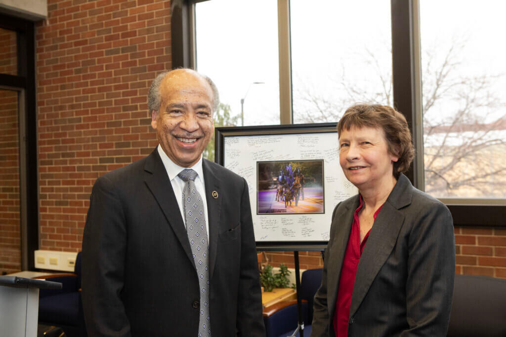 Dean Willie Reed presented Dr. Jaeger with a framed image of the Continuum Sculpture in recognition of her 15 years of service as Basic Medical Sciences Department head.