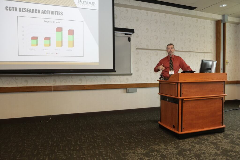 Dr. Timothy Lescun, director of the Center for Clinical Translational Research and professor of large animal surgery, describes the center’s research activities during the Welcome Lunch that kicked off the College of Veterinary Medicine’s Industry Partner Days in Purdue’s Stewart Center April 16.