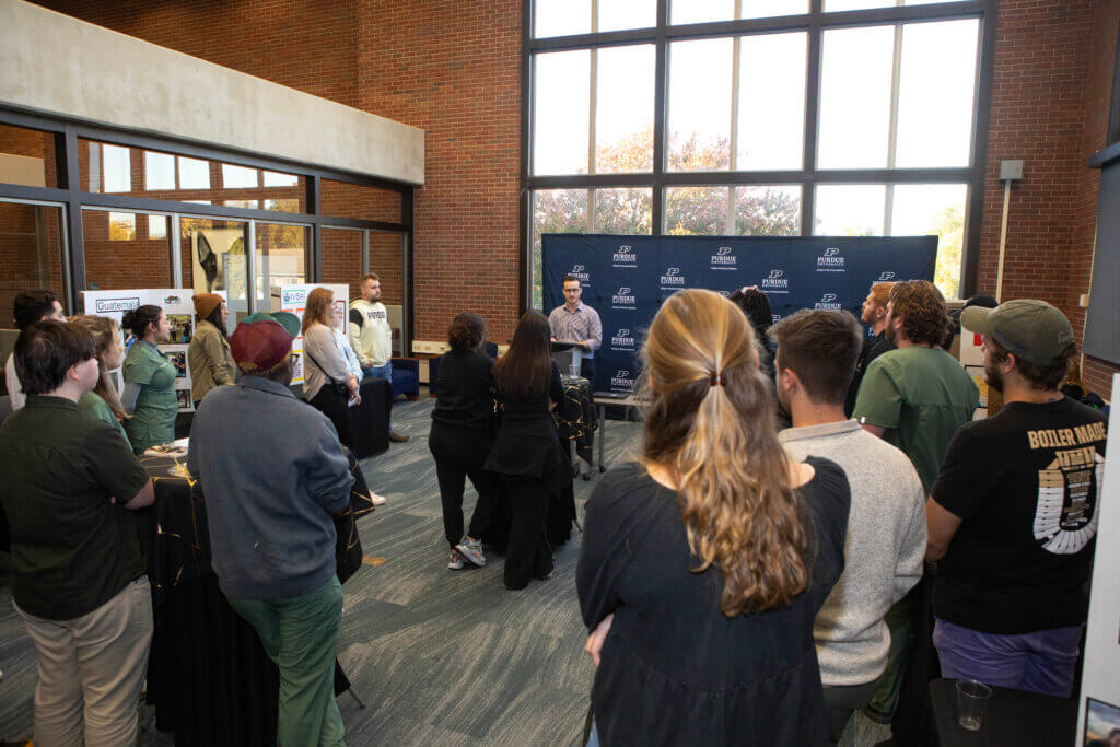 Global Engagement Director Addison Sheldon welcomed students to the 2024 Global Engagement Fair in the Veterinary Medical Library and highlighted the continued growth of veterinary student participation in study abroad experiences.