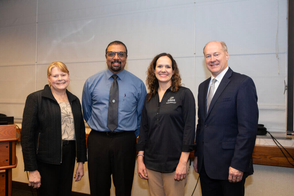 Dr. Sanjeev Narayanan and Dr. Kenitra Hendrix, who teamed-up to give a presentation on Antimicrobial Resistance at Purdue’s first One Health Alumni Reunion on November 15, are joined by Associate Dean for Academic Affairs Kathy Salisbury and Dean Bret Marsh at Stewart Center.