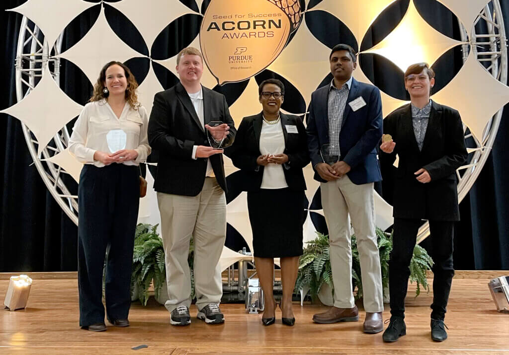 Purdue Veterinary Medicine researchers who were present at the Seed for Success Acorn Awards ceremony (left-right): ADDL Director Kenitra Hendrix, ADDL Assistant Director Craig Bowen, Assistant Dean for Diversity, Equity and Inclusion Marsha Baker, Assistant Professor of Microbiology Shankar Thangamani, and Associate Professor of Veterinary Clinical Pathology Andrea Pires dos Santos.