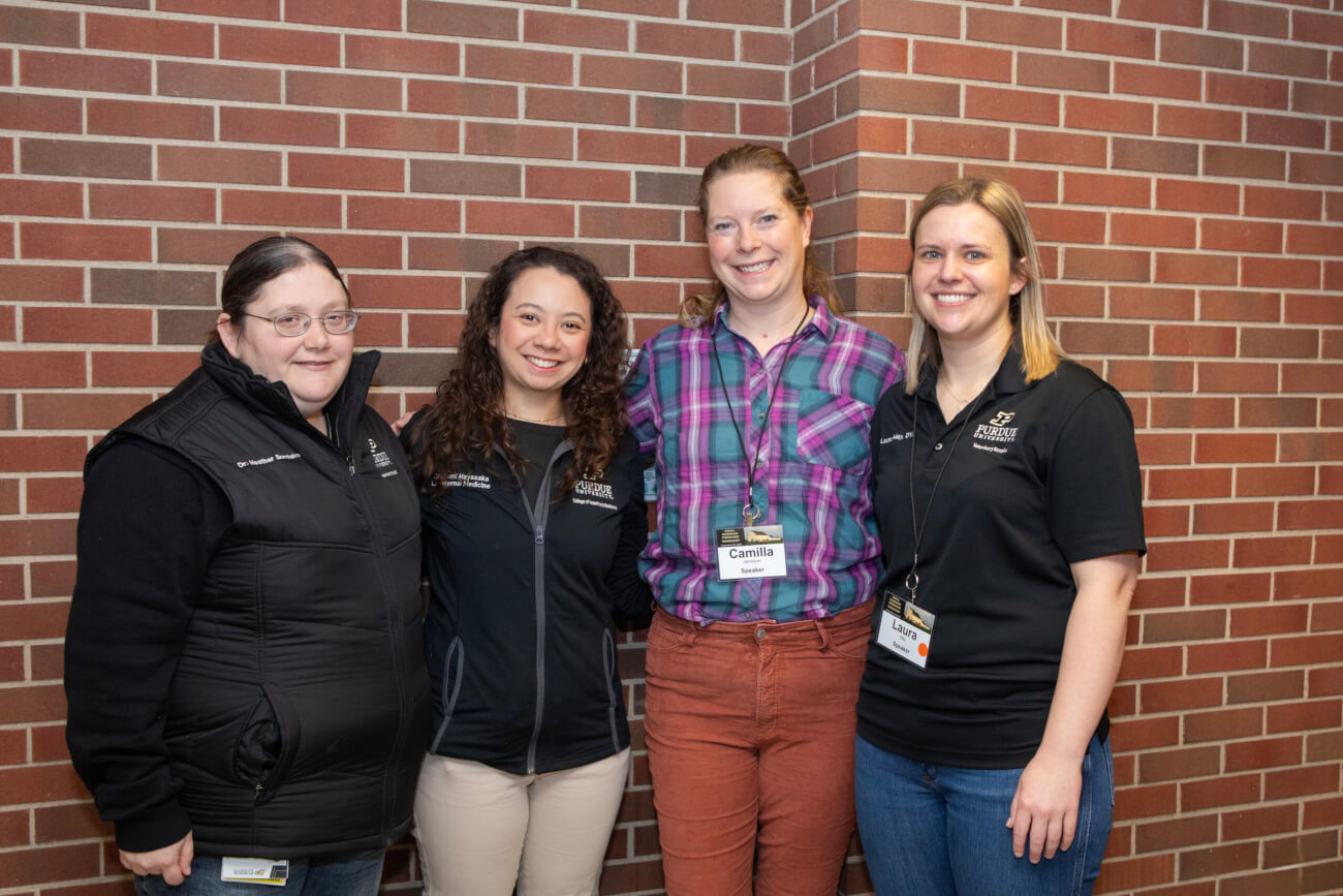 Purdue Farm Animal Hospital clinicians who participated in the Small Animal Ruminant Producer Workshop November 23: (left-right) Dr. Heather Bornheim, presenter; Dr. Yumi Hayasaka, moderator; Dr. Camilla Jamieson, presenter, who also helped with planning; and Dr. Laura May, organizer.