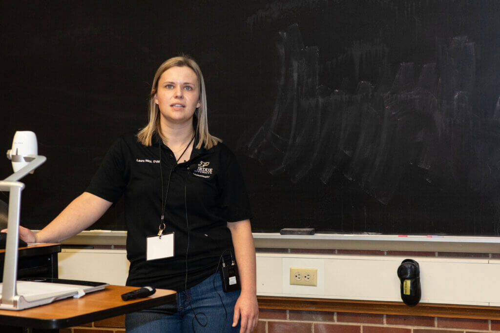 Dr. Laura May, visiting assistant professor of farm animal internal medicine, welcomed attendees at the start of the workshop in Lynn 1136.