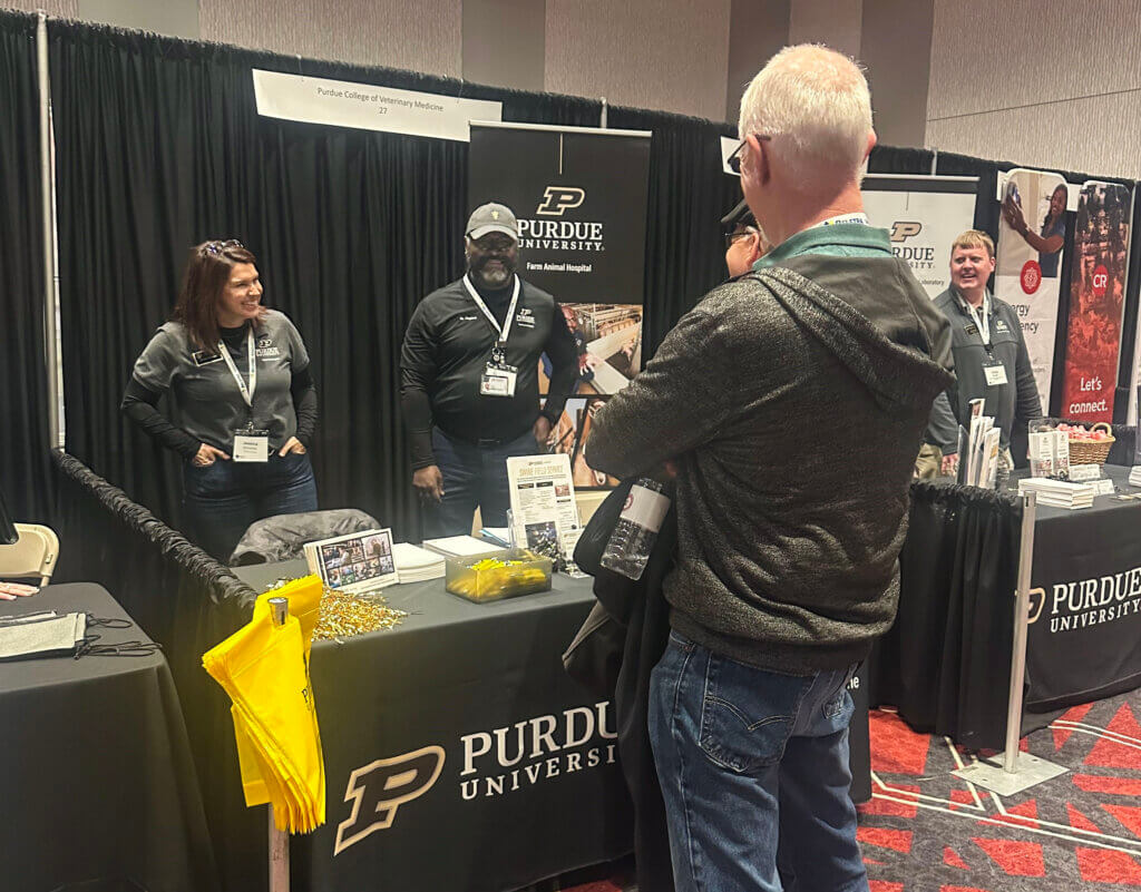 Side-by-side booths for the Farm Animal Hospital and the ADDL gave Jessica Schneider, RVT, and Dr. Darryl Ragland, of the Swine Field Service, and Dr. Craig Bowen, ADDL assistant director, the opportunity to visit with attendees at the Midwest Pork Conference.