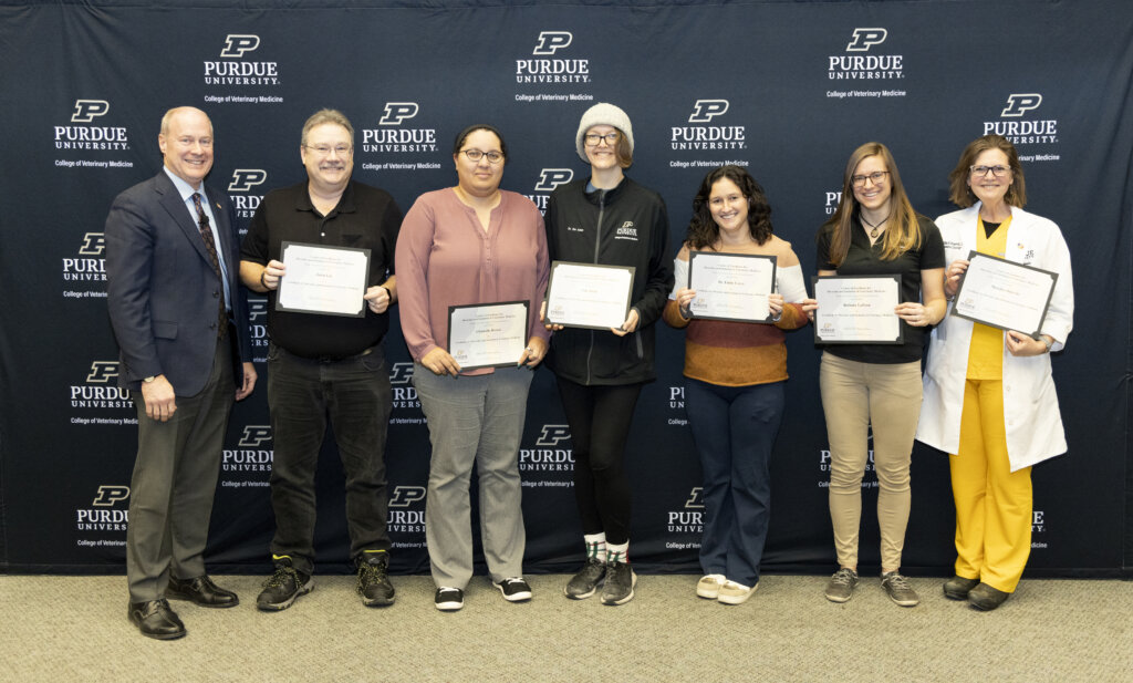 Dean Marsh with PVM staff members who earned their certificates for completing the Online Certificate Program for Diversity and Inclusion in Veterinary Medicine (left-right) Jason Lee, Chantalle Brown, Dr. Em Adam, Dr. Emily Curry, Beth Lafoon, RVT, and Dr. Marejka Shaevitz.