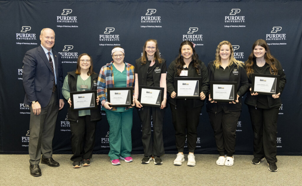 Veterinary nurses and assistants in Small Animal Internal Medicine were recognized by Dean Marsh for their team Bravo Award (left to right): Katie Stolarz, RVT; Brittany Memmer; Lara Luke, RVT; Bri Seiders-Kerr, RVT; Brooke Ferguson, RVT; and Jessica DeSutter, RVT.