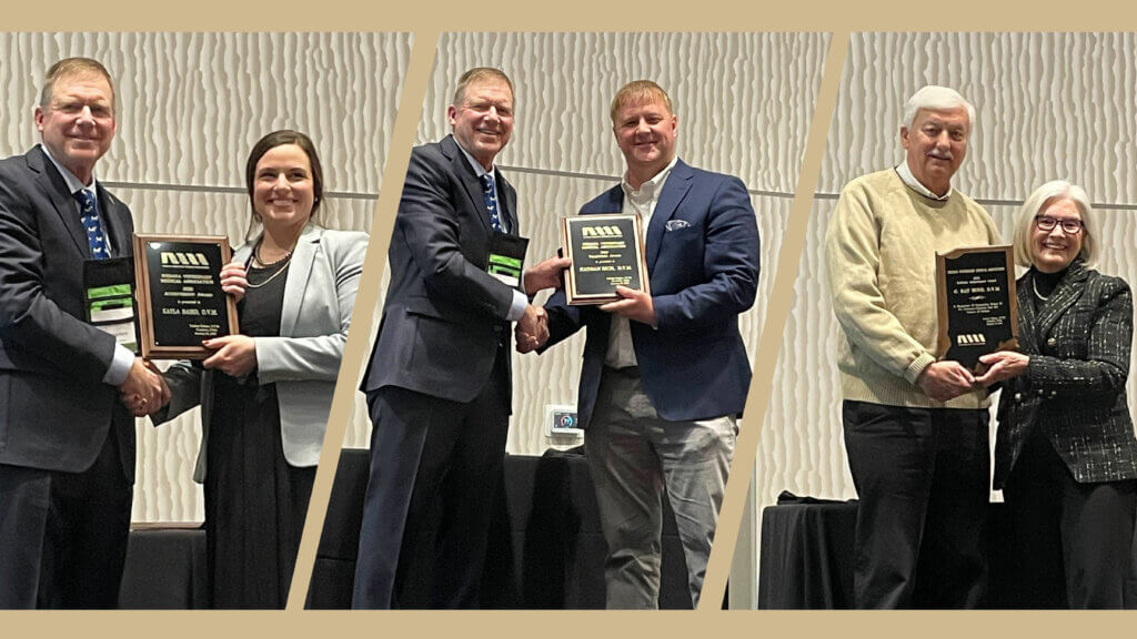 Drs. Kayla Baird, Nathan Rich, and G. Kay Boyd receiving their awards at the IVMA Crossroads Veterinary Conference.