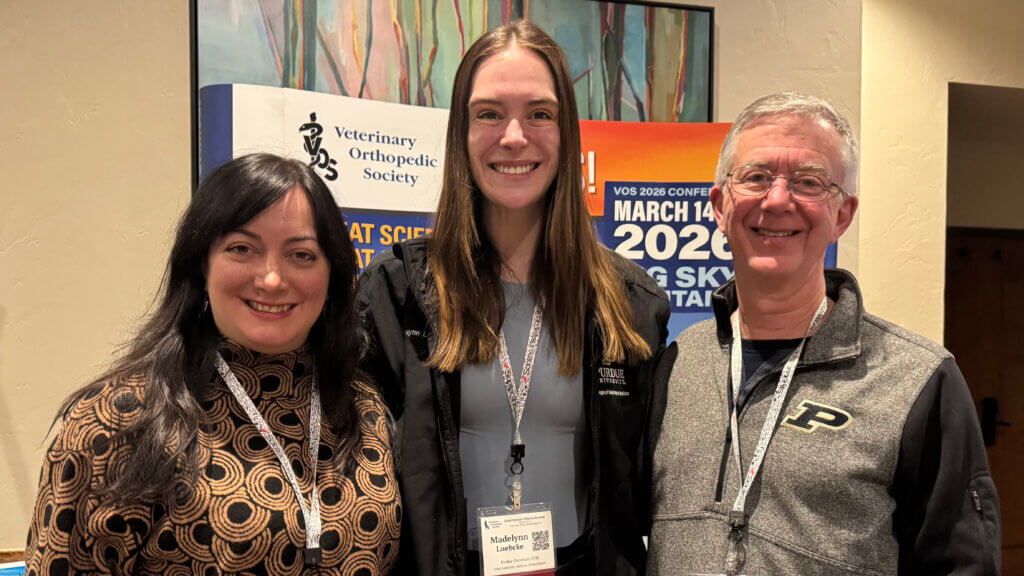 Madelynn Luebcke (center), of the DVM Class of 2027, with Purdue Small Animal Orthopedic Surgeons Sarah Malek and Mark Rochat at the Veterinary Orthopedic Society Annual Conference in Breckenridge, Colorado.