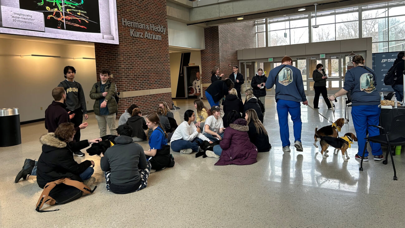 Purdue Veterinary Students in the visit the College of Engineering with the Canine Educators during Mental Health Action Week