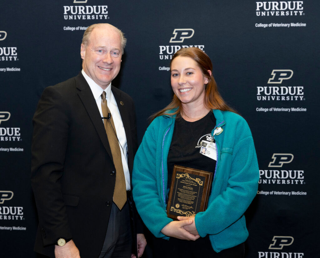 Rachel Yoquelet, veterinary technician in the Small Animal Hospital’s Physical Rehabilitation Service, was recognized by Dean Marsh with an Outstanding Staff Award
