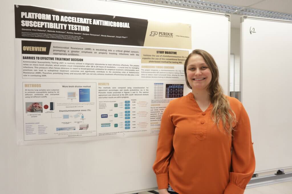 Graduate Research Assistant Giovanna Roberto with her research poster that won first place in the Clinical/Applied division of the PVM Research Day Poster Session.