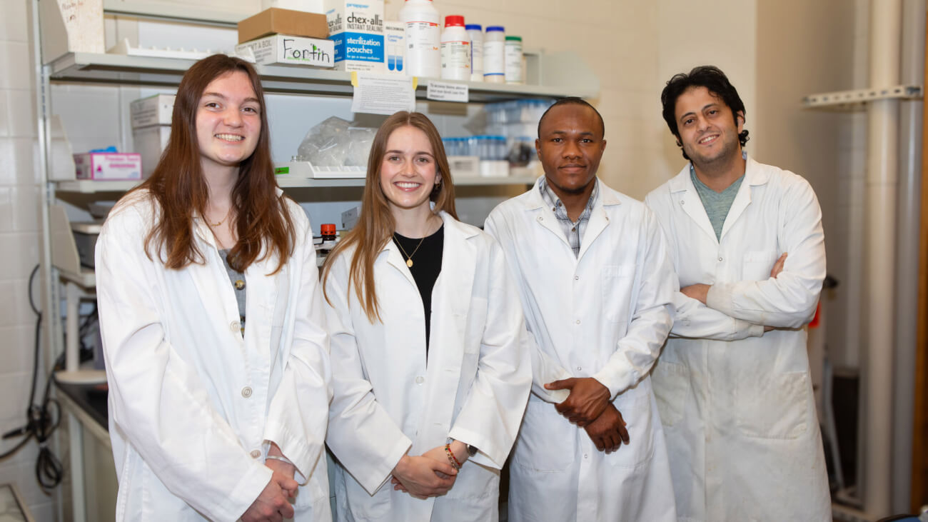 Fortin Drug Discovery Lab team members (left-right) Natalie Horgan (PharmD student) Lydia Stone (Chemistry student), Taiwo Ademoye (PhD candidate, BMS) and Ahmed Elbatrawy (BMS Postdoctoral Fellow).