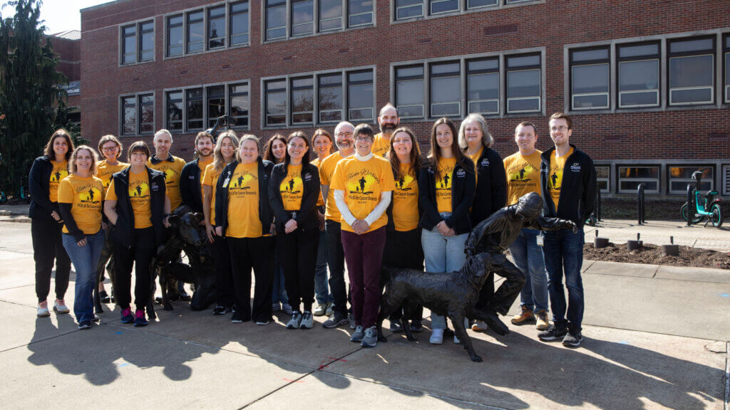 Members of PVM’s Team Werling gathered for a group photo sporting their custom T-shirts the day before they ran in the annual 5K Challenge fundraising run April 12 to support the Purdue Institute for Cancer Research.