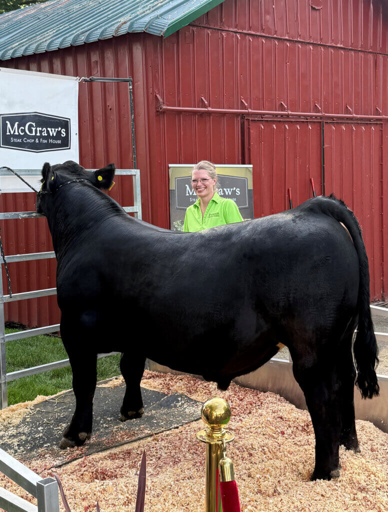 Dr. Bethany Funnell, clinical associate professor and board certified bovine theriogenologist, with Odom, the bull that was produced with the help of her expertise in assisted reproductive technologies.