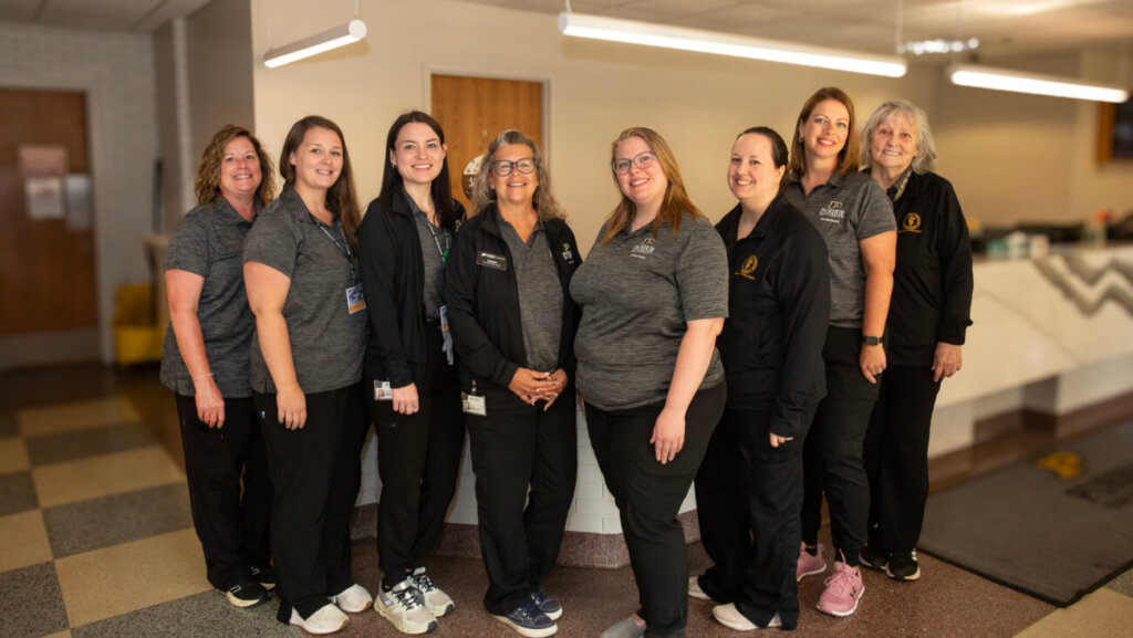 Small Animal Hospital Reception team: (left-right) Rebecca Hainje, Crystal Light, Kennedi Holmes, Janice Karner, Jordan Edwards, Paige Frost, Beth McClannen, and Laura Killian.