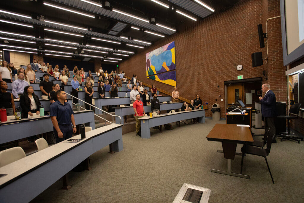 Dean Bret Marsh leads the DVM Class of 2029 in the recitation of the Veterinarian’s Oath as part of Launch! DVM 2029, the onboarding program conducted during the week before the start of the fall semester.