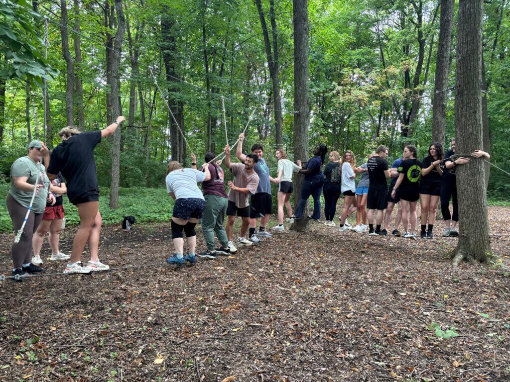 Veterinary students participate in the Boiler Challenge on the Purdue Ropes Course