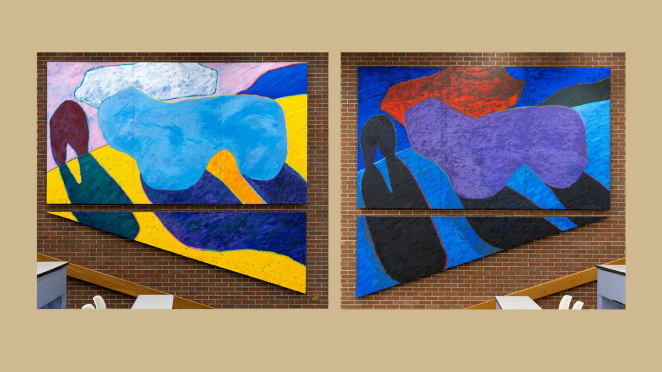 Pastoral Eclipse – AM, 1998, acrylic and oil on four conjoined canvases, 144” x 144” (left), Pastoral Eclipse – PM, 1998-99, acrylic and oil on four conjoined canvases, 144” x 144” (right)