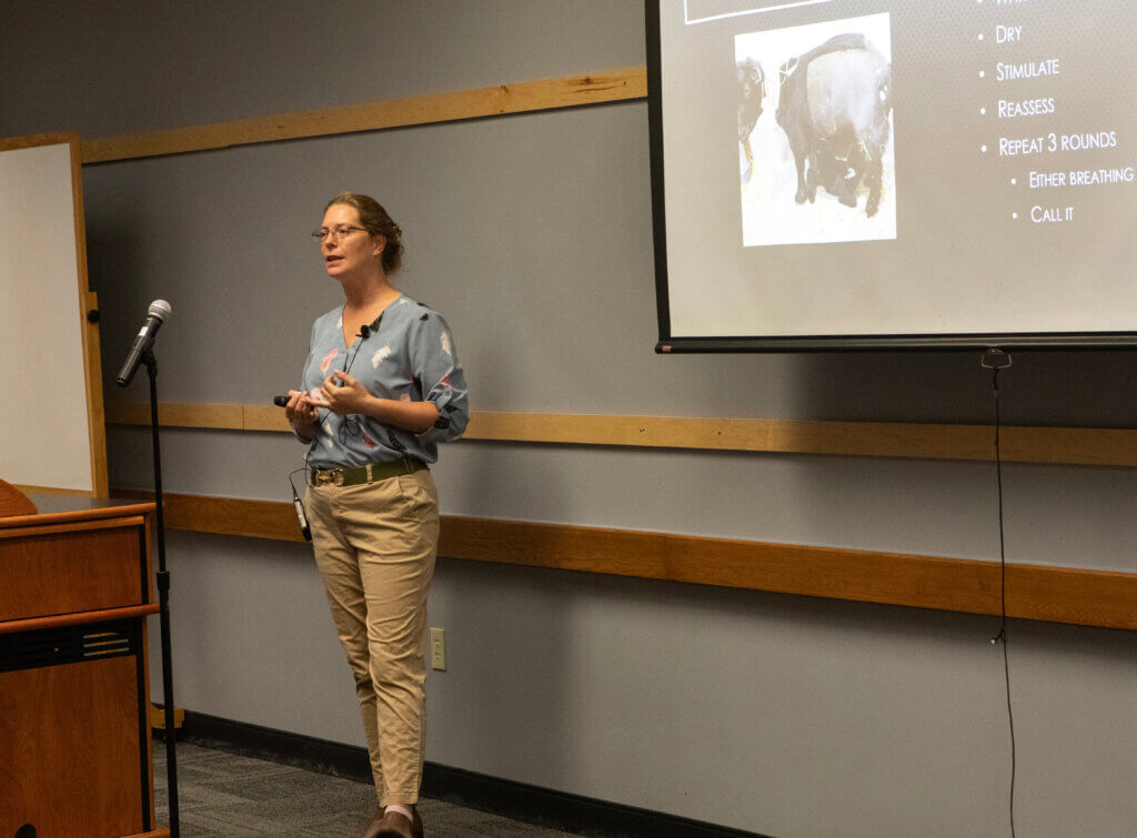 Dr. Camilla Jamieson, Purdue clinical assistant professor of large animal emergency and critical care, gave a presentation in the Food Animal – Ruminant track on neonatal resuscitation.