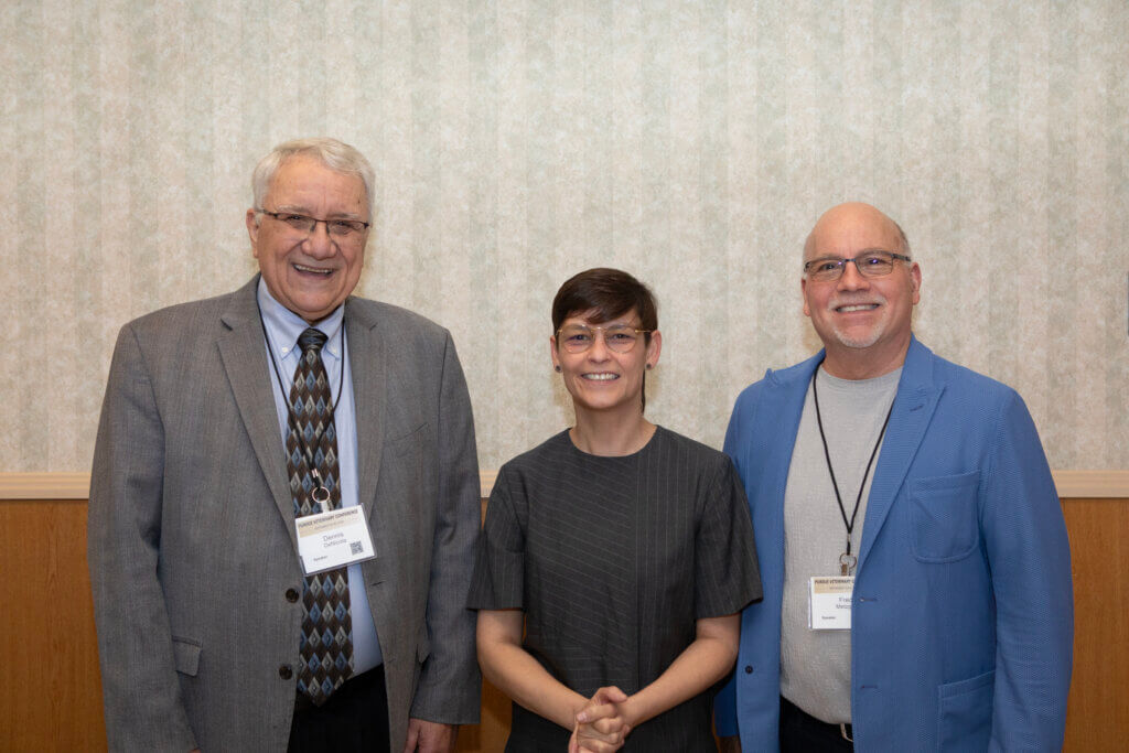 Drs. Dennis DeNicola (left) and Fred Metzger (right), Purdue alumni who gave presentations on canine and feline hematology, with PVM Associate Professor of Veterinary Clinical Pathology Dr. Andrea Pires dos Santos.