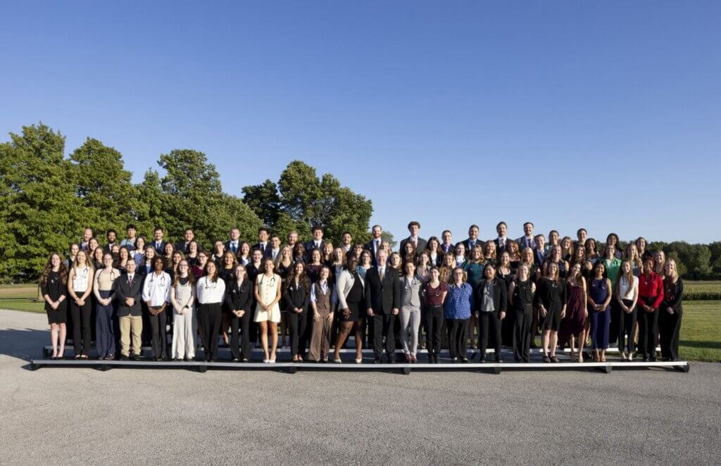 Students in the DVM Class of 2029 are joined by Dean Bret Marsh as they gather for a group photo at the annual Stethoscope Celebration.