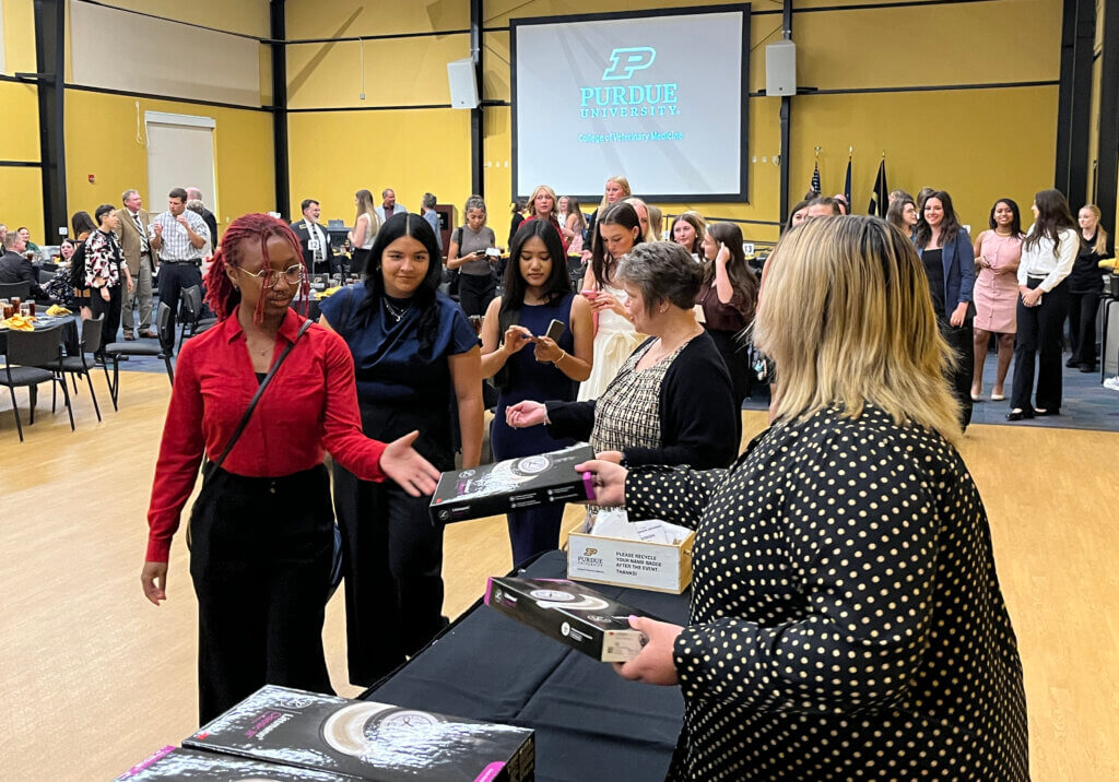 After the program, students lined up to receive their complimentary stethoscopes.