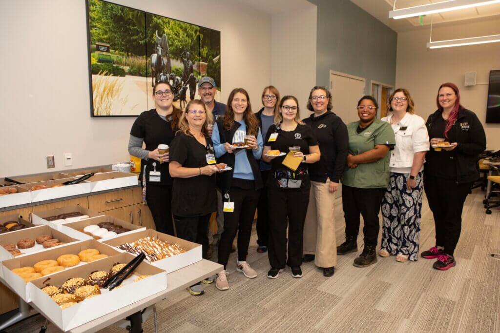 To kick off Purdue Veterinary Medicine’s celebration of Veterinary Technician Week, the college hosted an event called “Thanks a ‘Hole’ Bunch Donuts and Coffee” Tuesday morning, October 14 in the Brunner Small Animal Hospital Joy Matson Room.