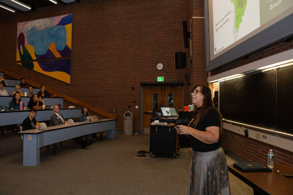 Jaguar conservation leader Dr. Yara Barros shares her story with Purdue veterinary and pre-veterinary students, staff and faculty during a presentation at Lynn Hall October 14.