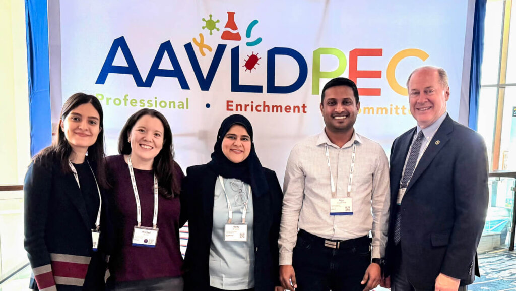 PVM representatives at the 2025 AAVLD / USAHA Annual Meeting in Aurora, Colorado (left-right): Graduate Research Assistant Diba Yaghoubi, Dr. Rachel Soltys, Dr. Nelly Elshafie, Dr. Viju Pillai and PVM Dean Bret Marsh. (Not pictured Dr. Grant Burcham and Dr. Steve Hooser).