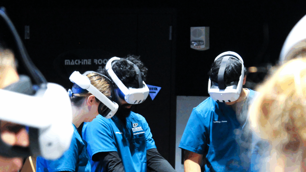 Veterinary students wear mixed reality headsets to learn about cardiac physiology at Purdue's Envision Center.