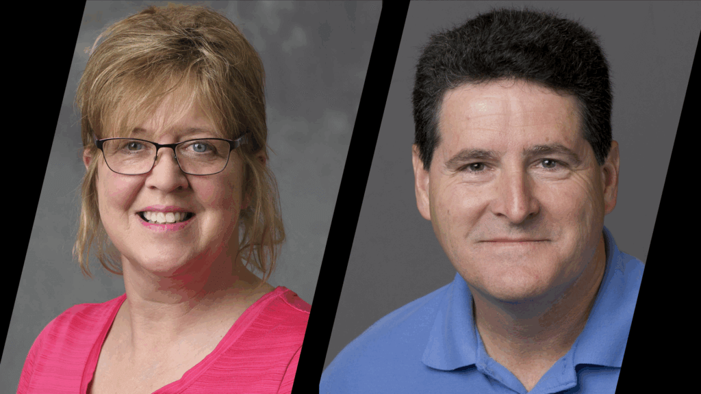 Two portraits side by side of a woman on the left, wearing a pink shirt and glasses, and a man featured in the portrait on the right wearing a blue shirt