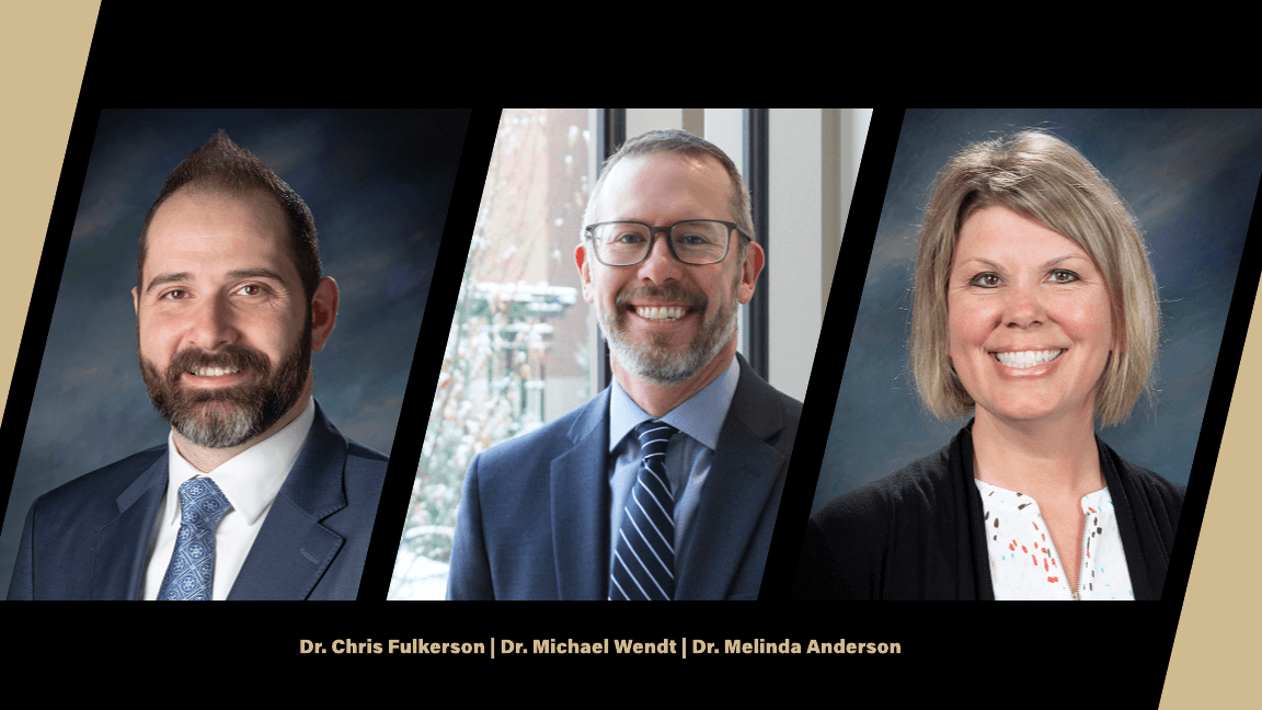 Three close-up portraits, from left to right, man in gray suit jacket with dark hair and a gray background, in the middle is a portrait of a man wearing a dark blue jacket and wearing glasses, in front of a snowy background, and the far right portrait is of a woman with blonde hair, smiling, and wearing a white shirt