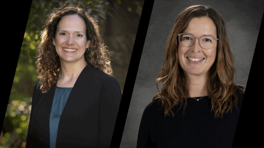portraits of two women, the left is an outdoors portrait of a woman with brown hair wearing a teal shirt and a black jacket. The photo on the right is of a woman with brown hair, wearing glasses and a black shirt in front of a gray background.