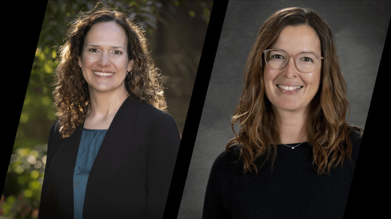 portraits of two women, the left is an outdoors portrait of a woman with brown hair wearing a teal shirt and a black jacket. The photo on the right is of a woman with brown hair, wearing glasses and a black shirt in front of a gray background.