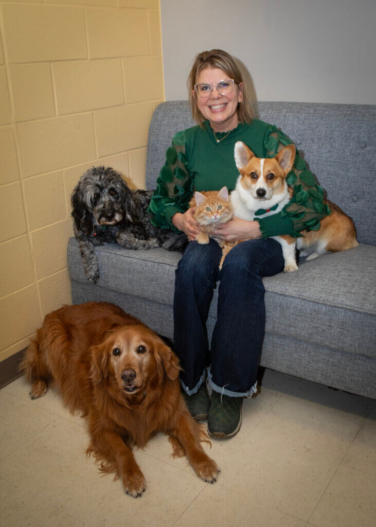 A woman in a green shirt and wearing glasses is sitting on a blue couch with her pets. There is a large brown dog laying on the floor, and next to the woman on the couch is a dark-colored dog. On the woman's lap is a cat and a small dog.