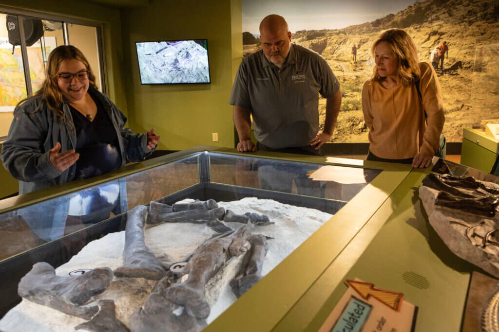 three people are standing around a transparent case containing fossils and bones. A man is standing between two women.