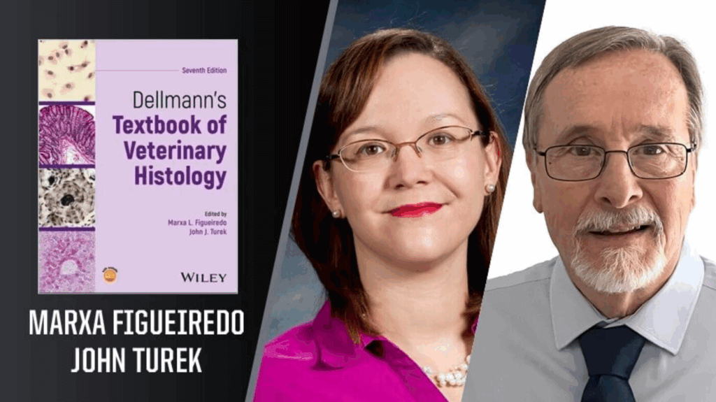 The far left photo is a purple textbook cover that reads "Dellmann's Textbook of Veterinary Histology". The middle photo is of a woman with brown hair, glasses, and a pink shirt. The far right photo is of a man with glasses, a gray dress shirt and a black tie.