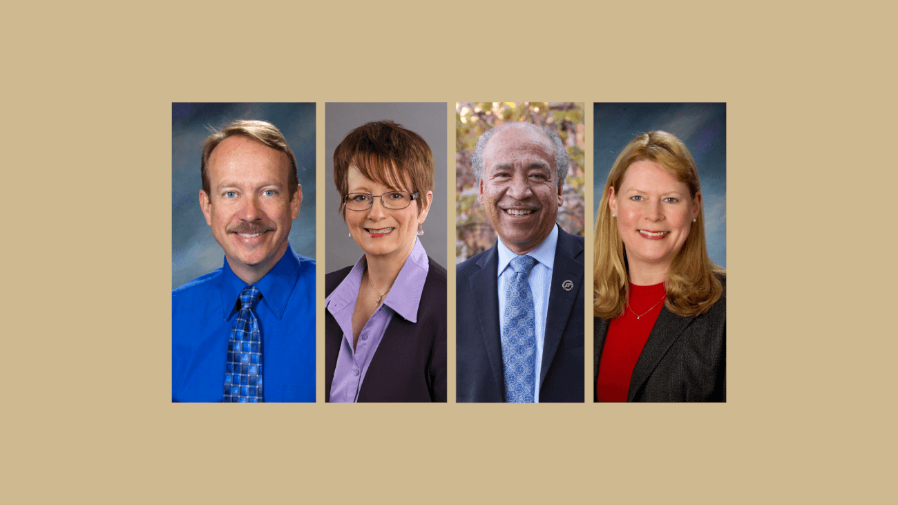 four middle-aged adults are featured from left to right in individual portraits. From left to right, the include a man wearing a blue dress shirt, a woman with short hair wearing a purple shirt and black jacket, a man wearing a dark suit jacket in front of an outdoor background, and the far right portrait is of a woman with red-blonde hair wearing a red shirt and black jacket
