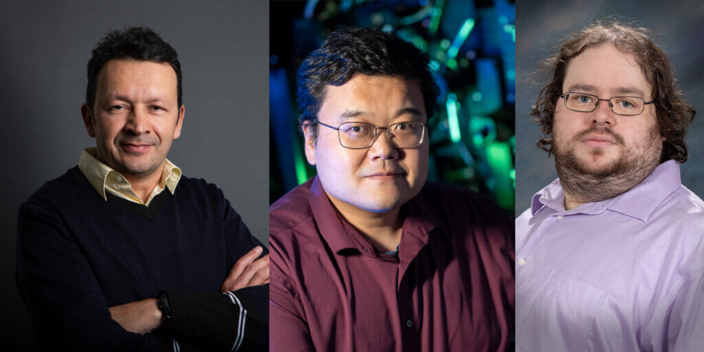 Three portraits of middle-aged men. The left portrait features a man in a black sweater with arms crossed, the middle portrait features a man wearing glasses and a burgundy shirt, and the right portrait features a man with long hair wearing glasses and a light purple shirt.