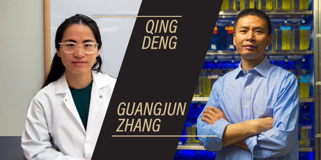 A collage of portraits. The portrait on the left is of a young woman in a white coat, the portrait on the right is of a middle-aged man with his arms crossed wearing a blue button up shirt