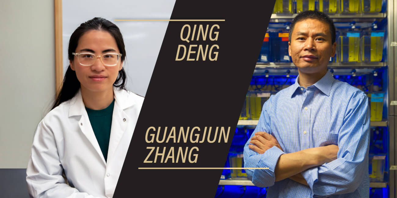 A collage of portraits. The portrait on the left is of a young woman in a white coat, the portrait on the right is of a middle-aged man with his arms crossed wearing a blue button up shirt