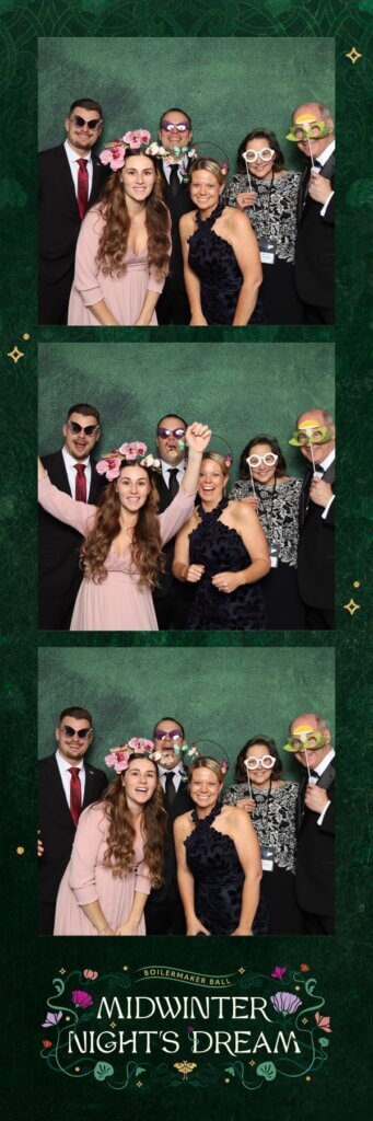 A collage of photo booth portraits of people wearing props and business attire