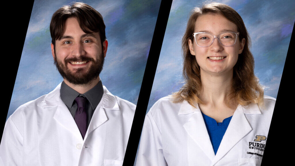 two side by side portraits of veterinarians. The left is a male with long dark hair and the right side portrait is of a woman wearing glasses. Both people are wearing white medical coats