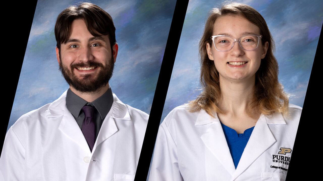 two side by side portraits of veterinarians. The left is a male with long dark hair and the right side portrait is of a woman wearing glasses. Both people are wearing white medical coats