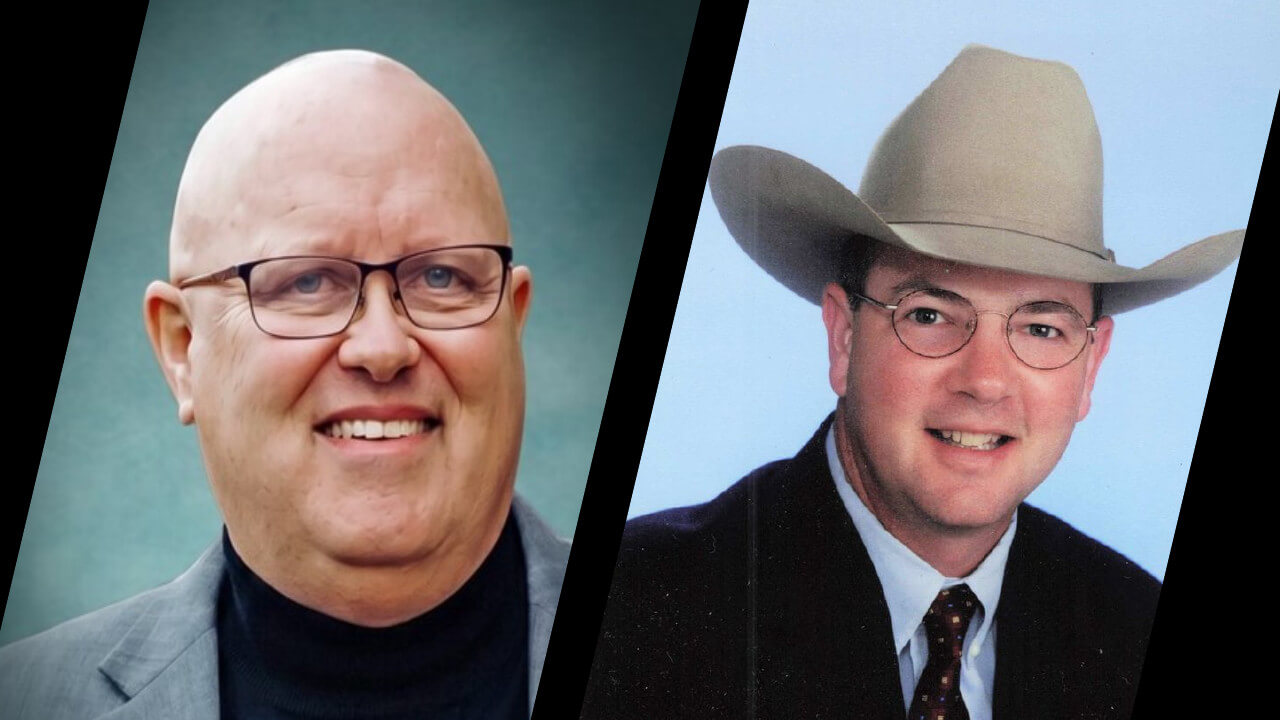 two portraits side by side. The portrait on the left is of a man in front of a green background. He is wearing a gray jacket with a dark shirt. The portrait on the right is of a man wearing a dark suit jacket and a patterned tie, and wearing a cowboy hat.