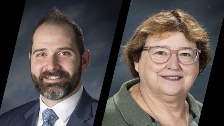 two portraits side-by-side. The left portrait features a man wearing a dark suit jacket with a white tie. The right-side portrait features a woman wearing a green collared shirt and glasses.